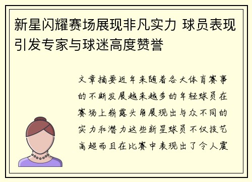 新星闪耀赛场展现非凡实力 球员表现引发专家与球迷高度赞誉