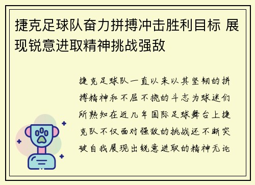 捷克足球队奋力拼搏冲击胜利目标 展现锐意进取精神挑战强敌